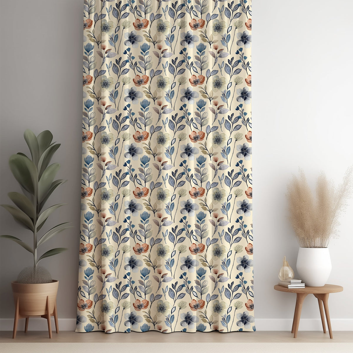 Blue folk wildflower curtain panel against a white wall