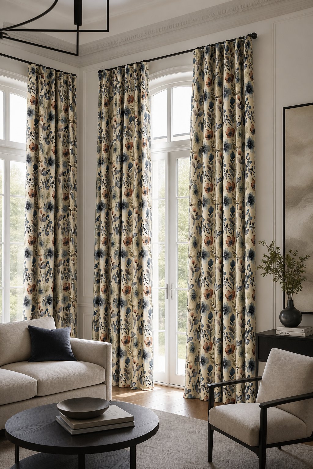 Blue folk wildflower curtains in a living room