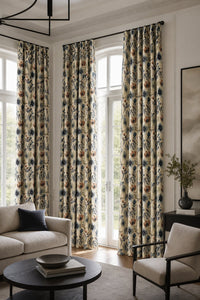 Blue folk wildflower curtains in a living room