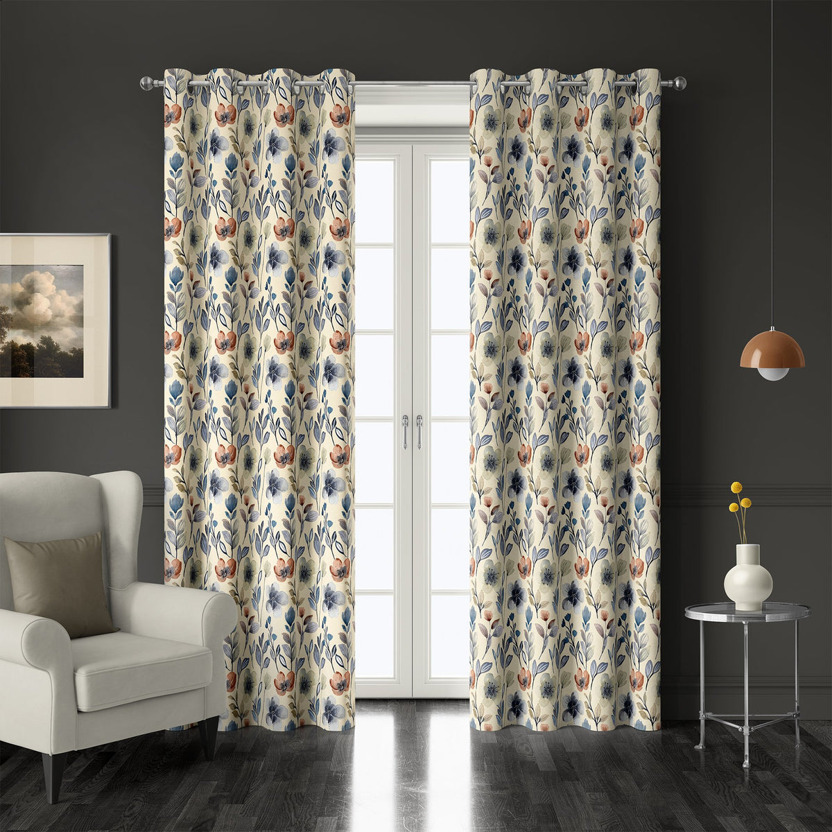 Pair of blue folk wildflower grommet curtains at French doors