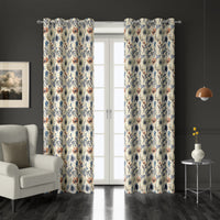 Pair of blue folk wildflower grommet curtains at French doors