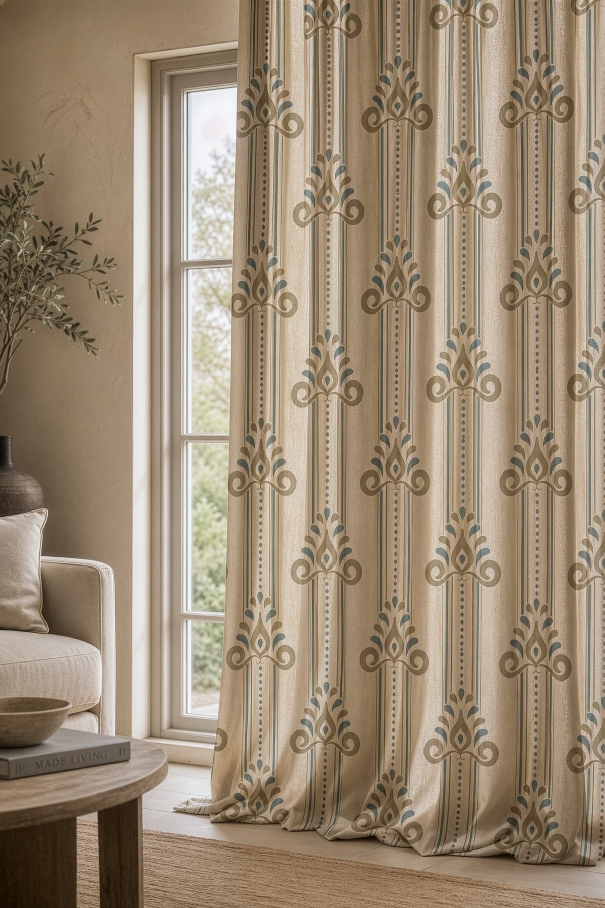 Blue and gold ornamental stripe curtains in a living room