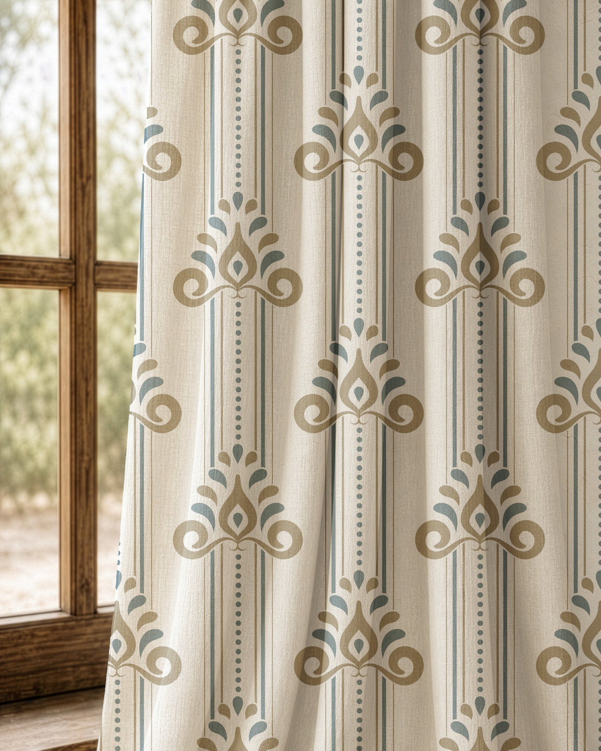 Pair of blue and gold ornamental stripe curtains at an arched window