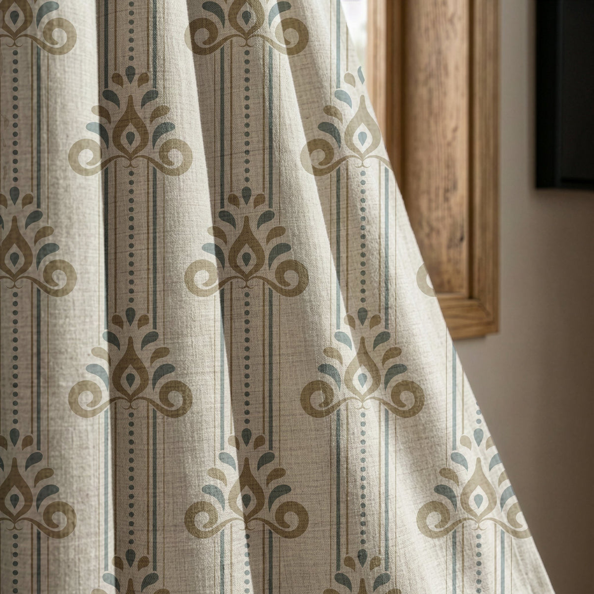 Blue and gold ornamental stripe curtain panel beside a rustic wooden window