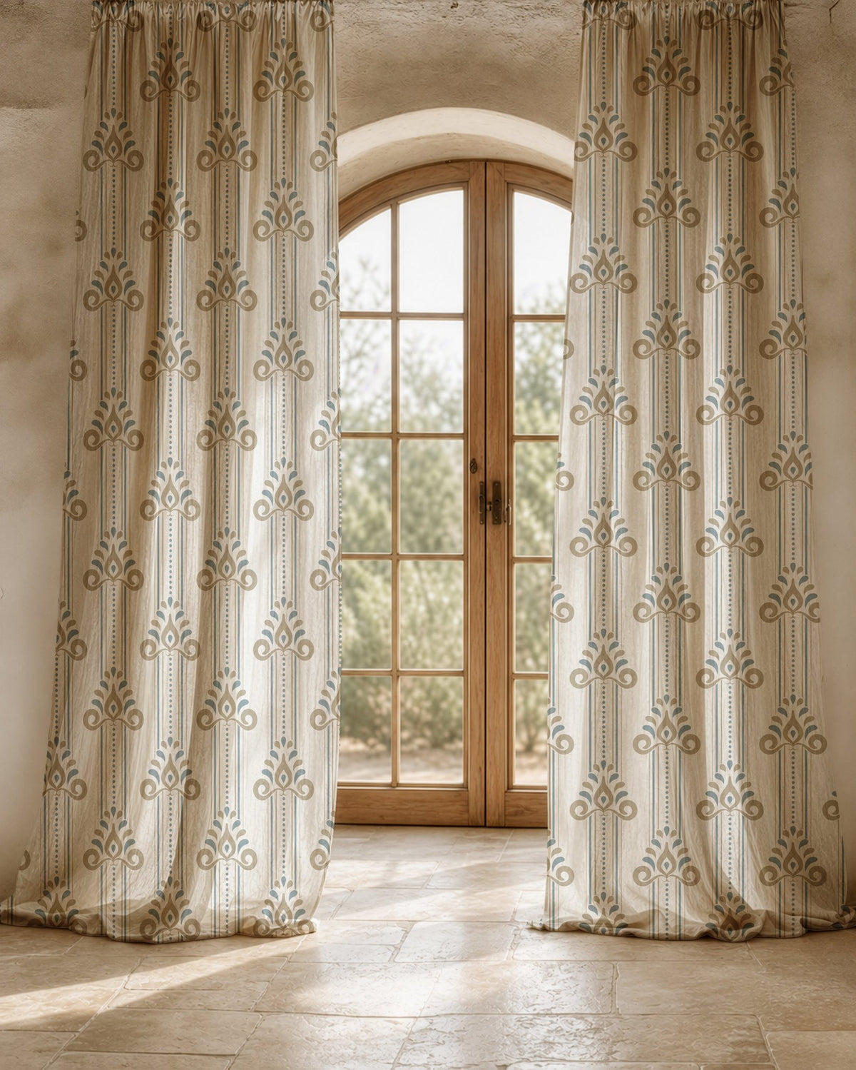 Two long blue and gold ornamental stripe curtain panels