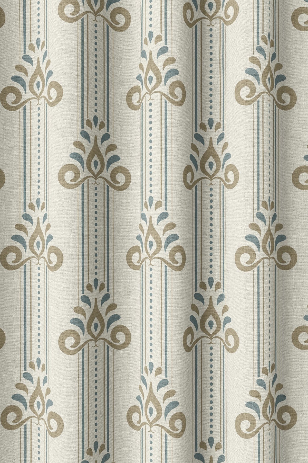 Flat view of the blue and gold ornamental stripe print