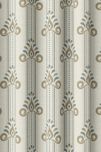 Flat view of the blue and gold ornamental stripe print