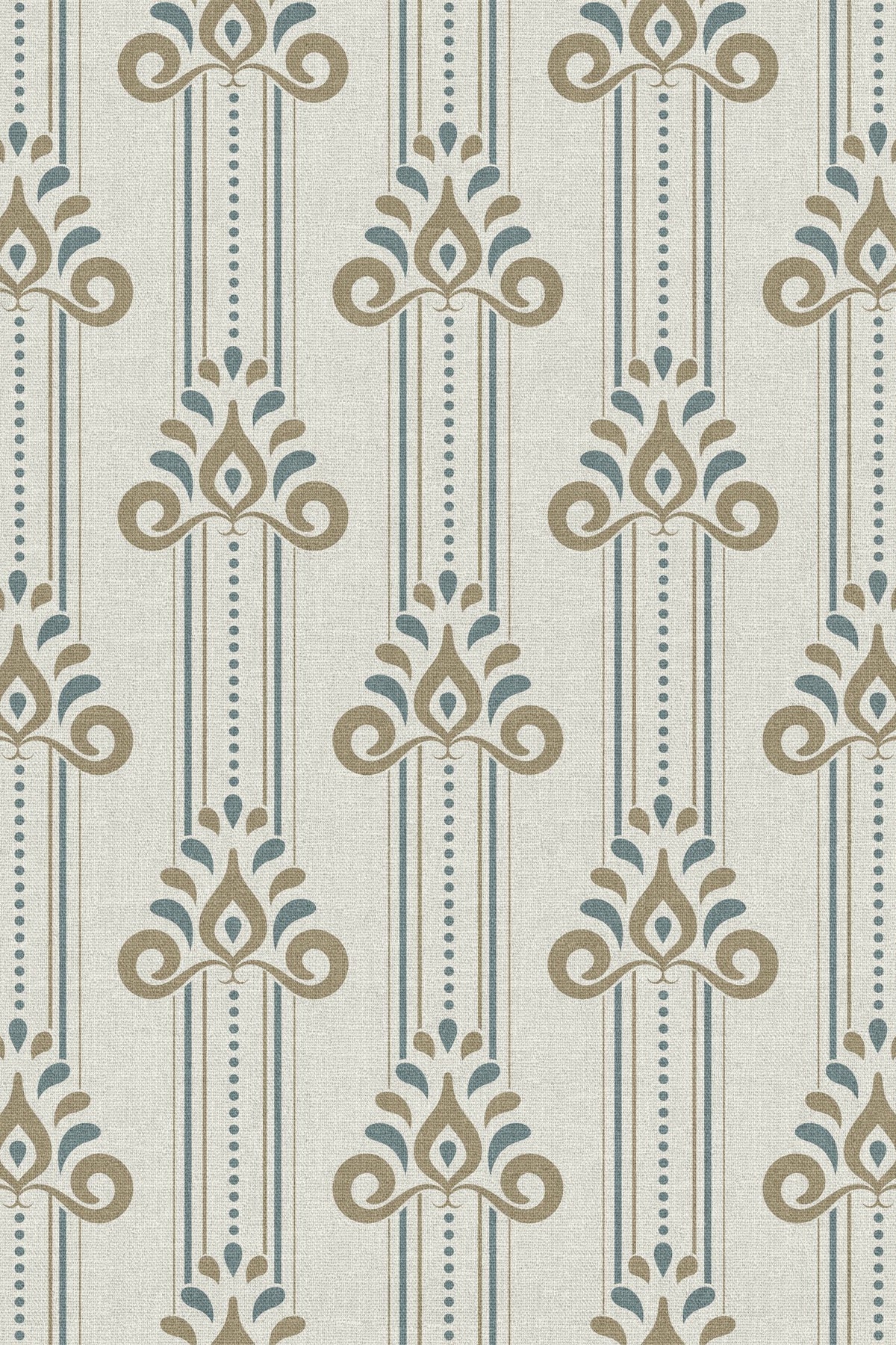 Close-up of the blue and gold ornamental stripe pattern repeat
