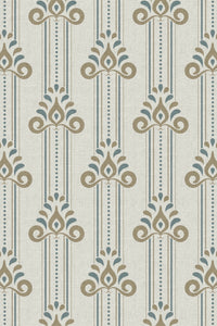 Close-up of the blue and gold ornamental stripe pattern repeat