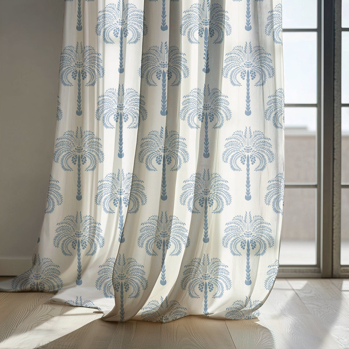 Blue palm tree curtain panels by a sunny window