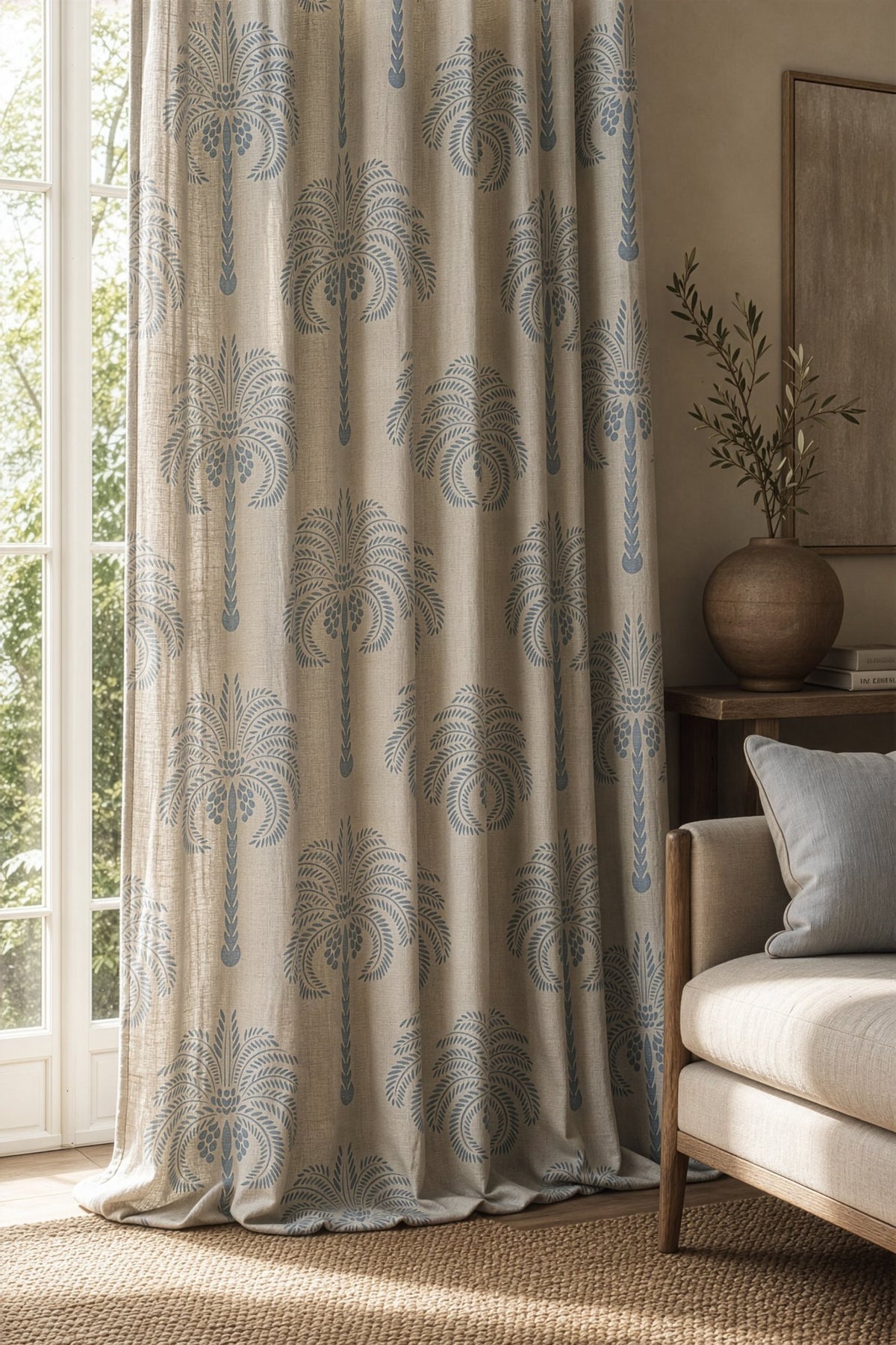 Blue palm tree curtain on a black rod by a window