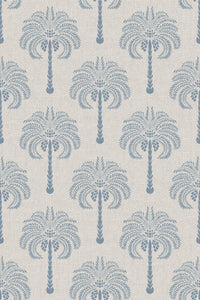Close-up of the blue palm tree pattern repeat