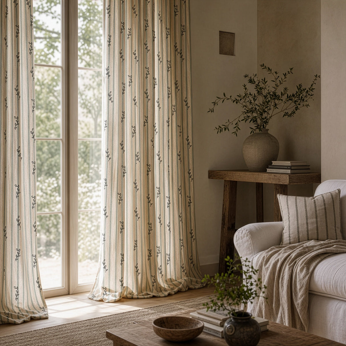 Blue stripe leaf sprig curtains in a living room