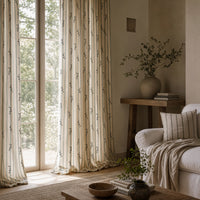 Blue stripe leaf sprig curtains in a living room