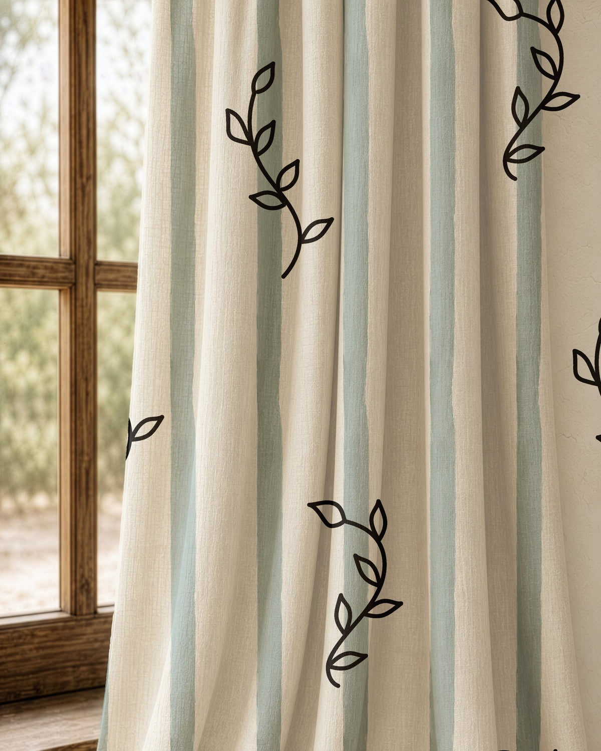Pair of blue stripe leaf sprig curtains at an arched window