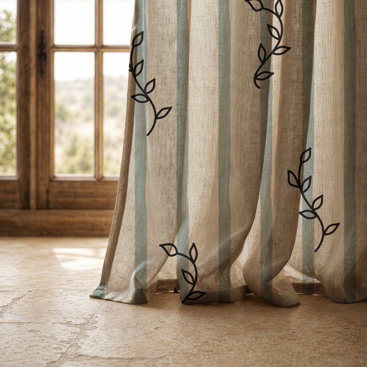 Hem of a blue stripe leaf sprig curtain resting on a stone floor