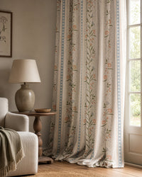 Blue ticking stripe floral curtains in a living room