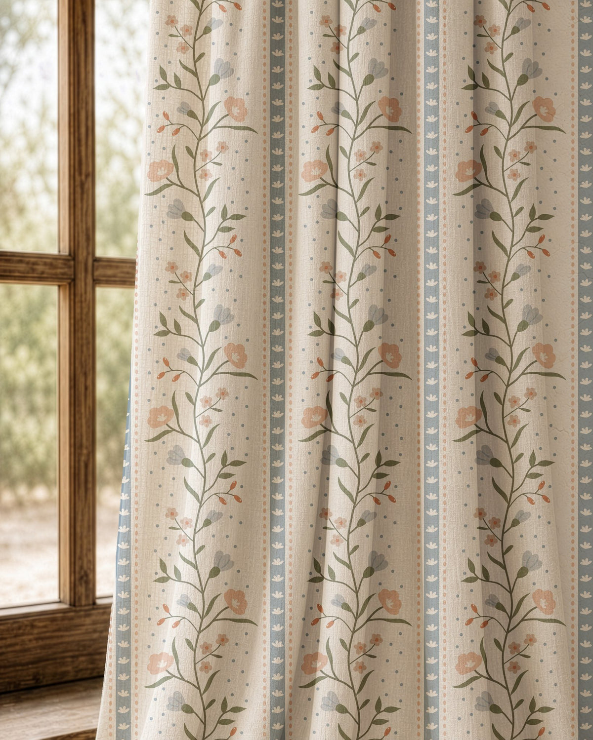 Pair of blue ticking stripe floral curtains at an arched window