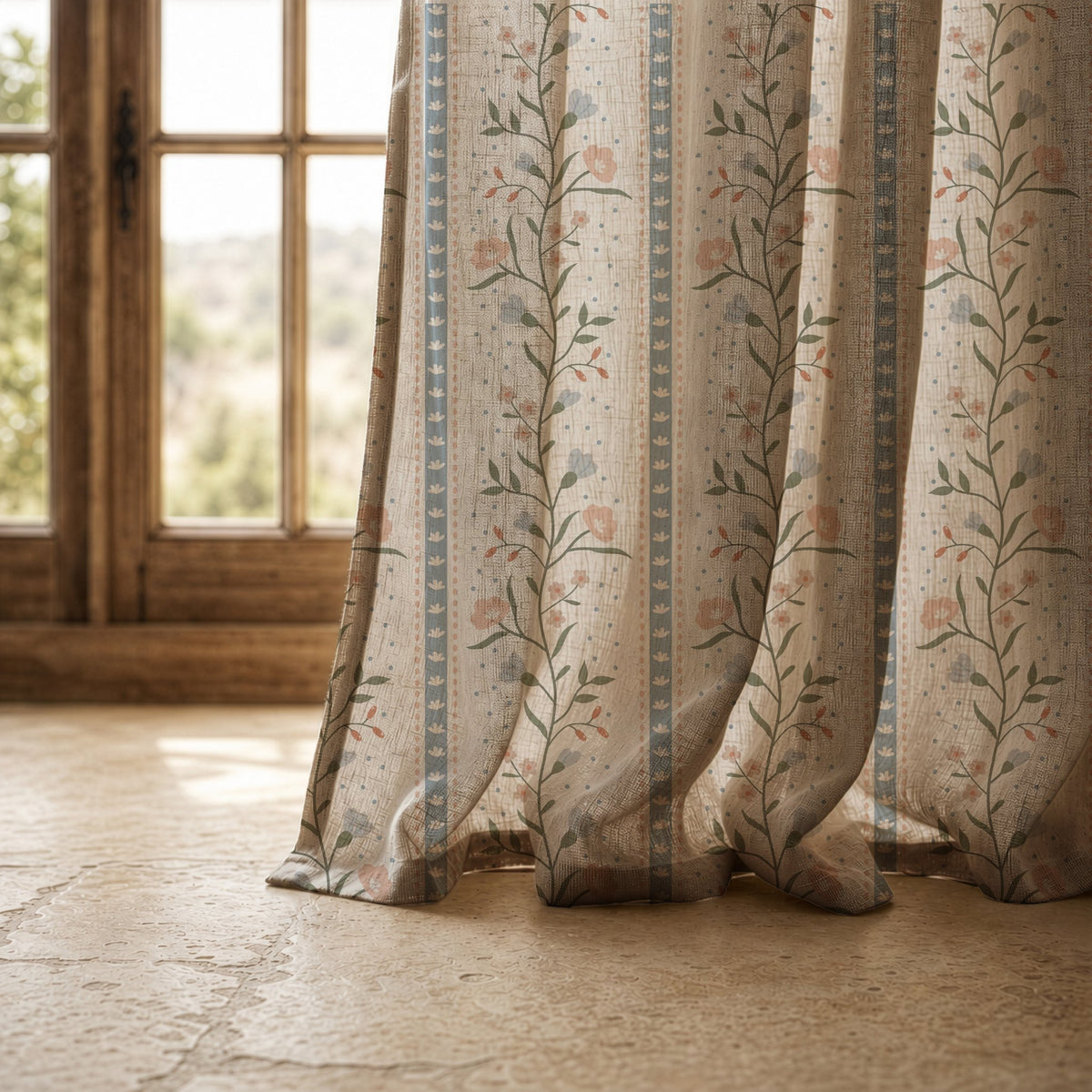 Hem of a blue ticking stripe floral curtain resting on a stone floor