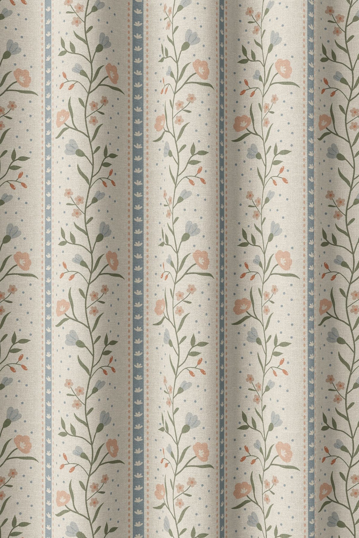 Flat view of the blue ticking stripe floral print