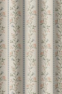 Flat view of the blue ticking stripe floral print