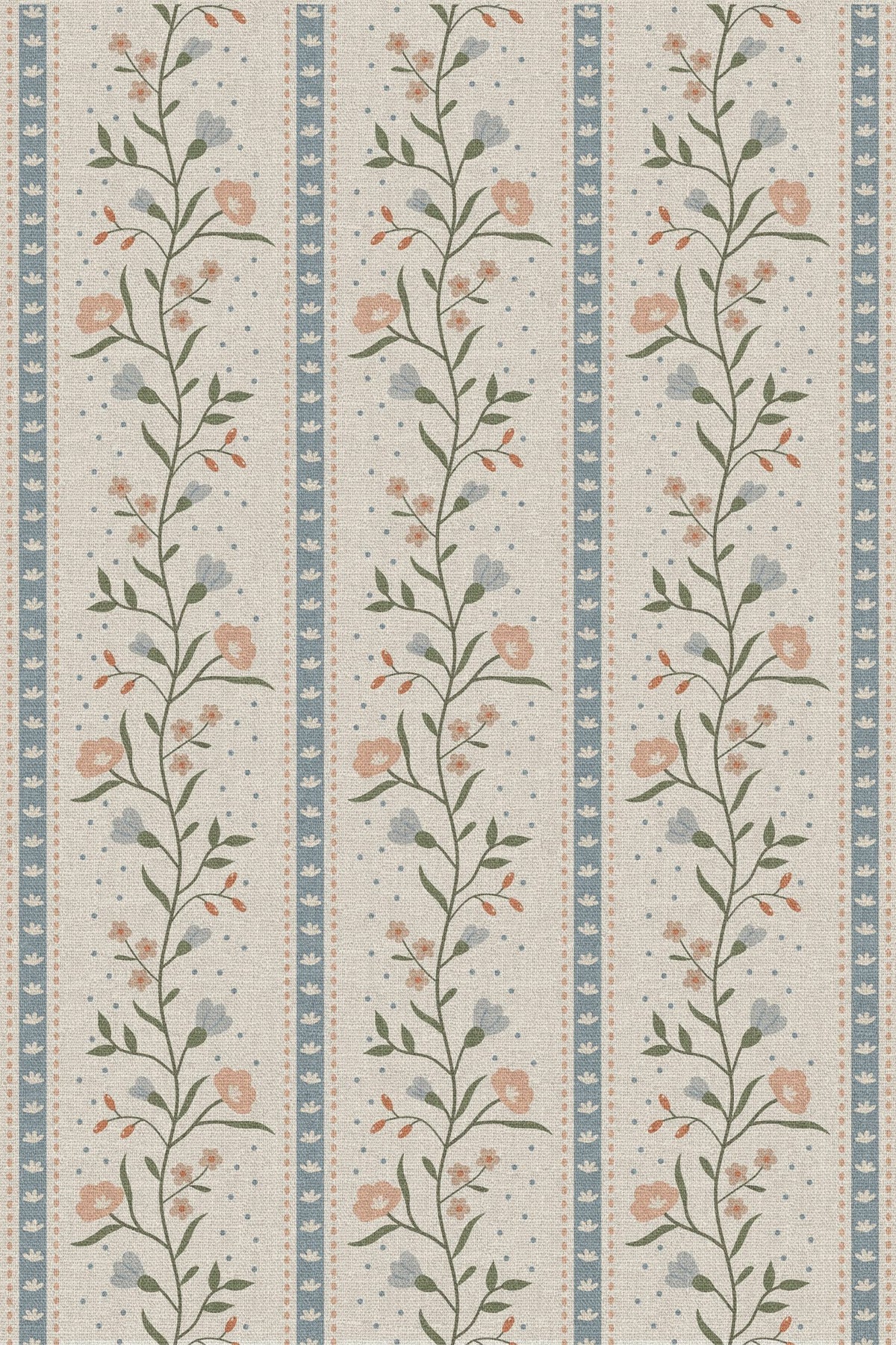 Close-up of the blue ticking stripe floral pattern repeat