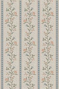 Close-up of the blue ticking stripe floral pattern repeat
