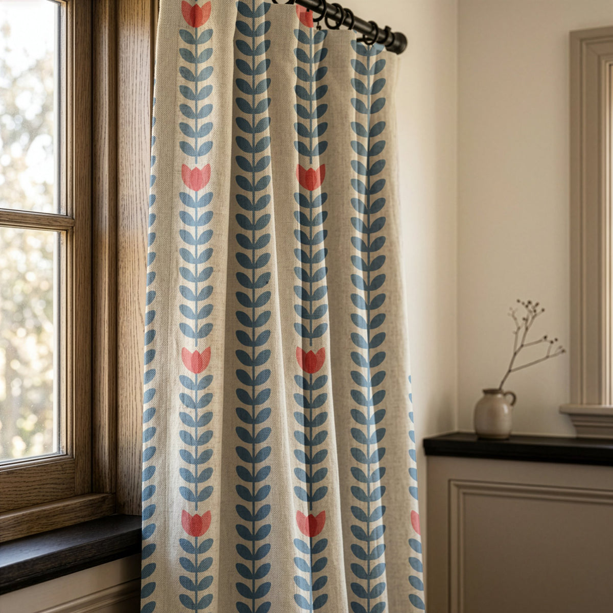 Blue vine and tulip stripe curtains in a warm living room