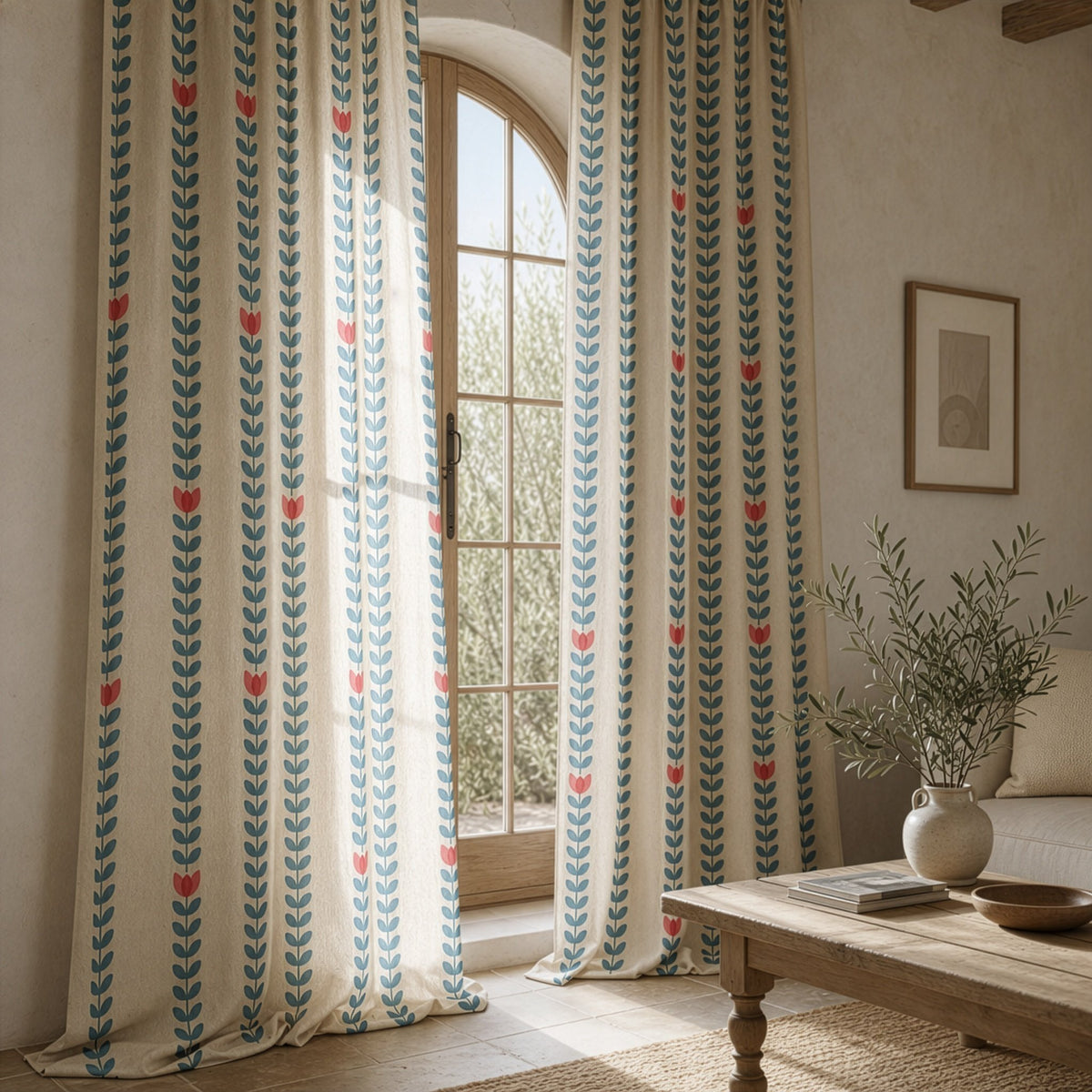 Blue vine and tulip stripe curtains in a living room
