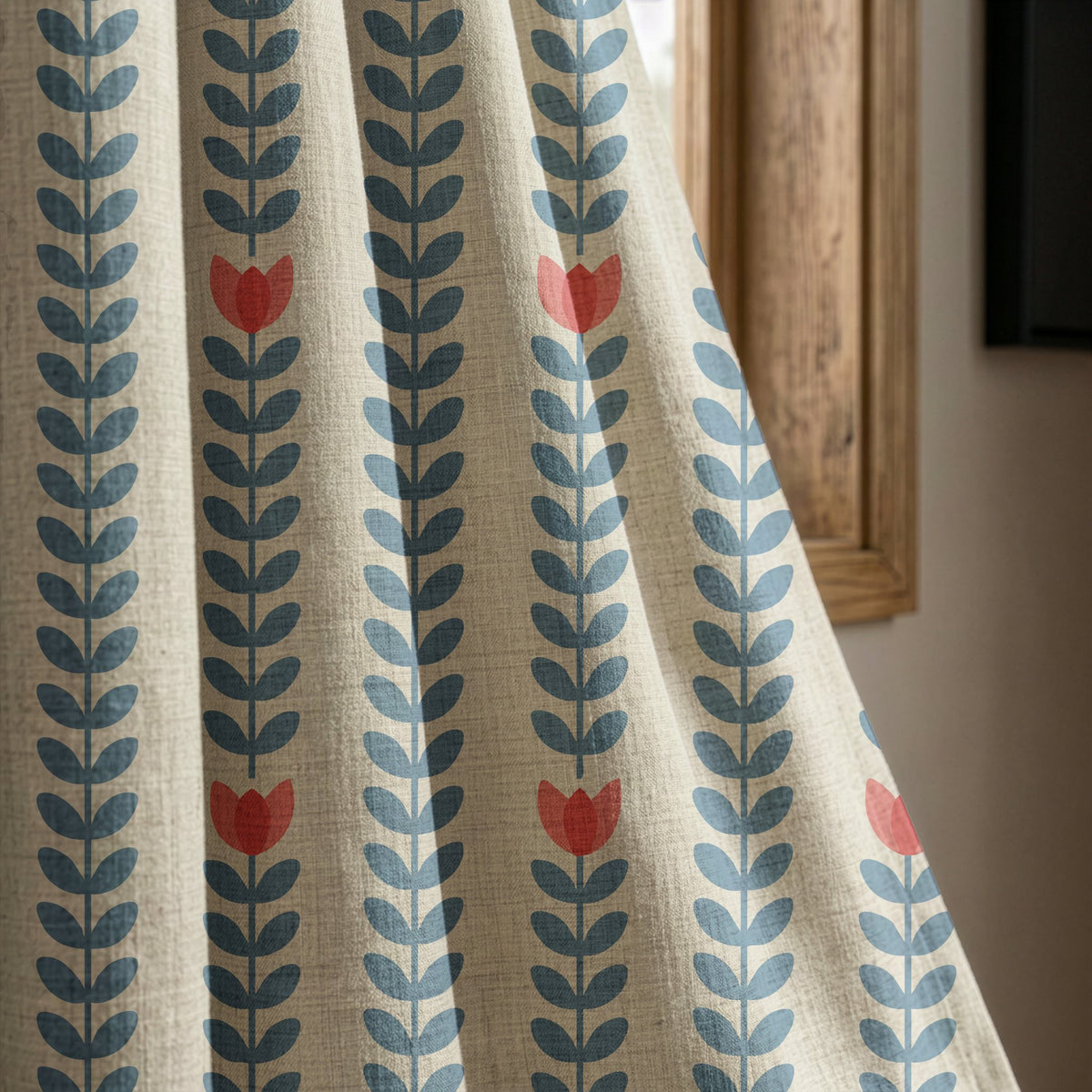 Blue vine and tulip stripe curtain panel beside a rustic wooden window
