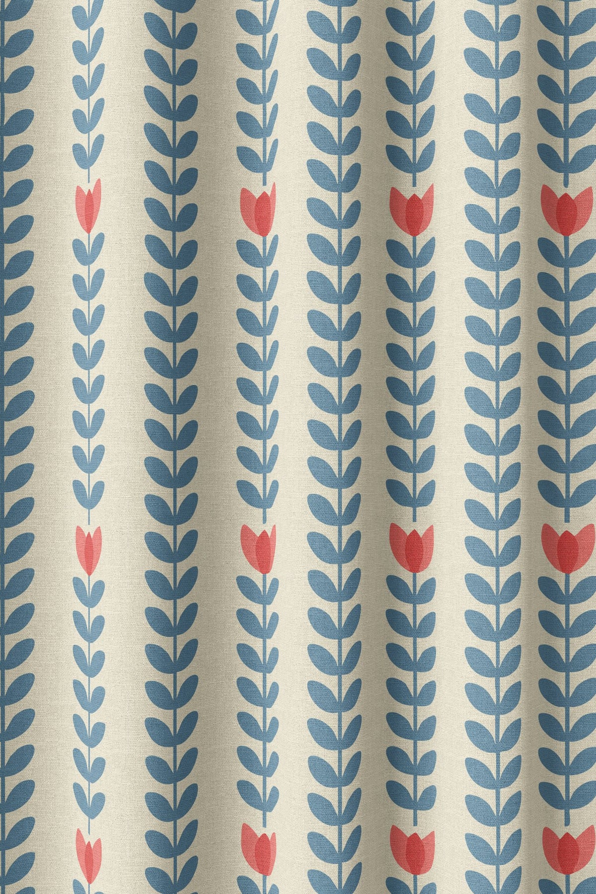 Flat view of the blue vine and tulip stripe print