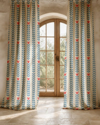 Close-up of the blue vine and tulip stripe print