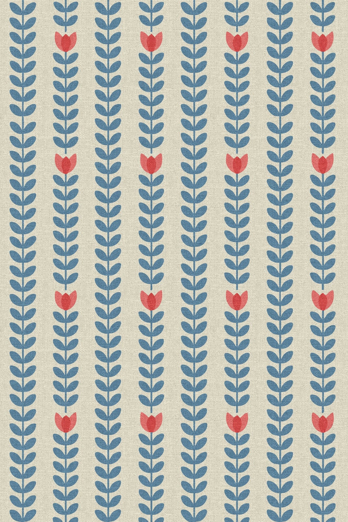 Close-up of the blue vine and tulip stripe pattern repeat