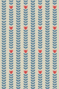 Close-up of the blue vine and tulip stripe pattern repeat