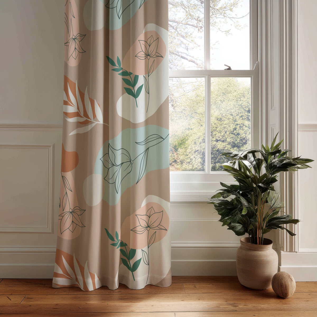 Blush abstract leaf boho curtain panel hanging by a white window