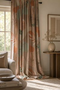 Blush abstract leaf boho curtains in a living room