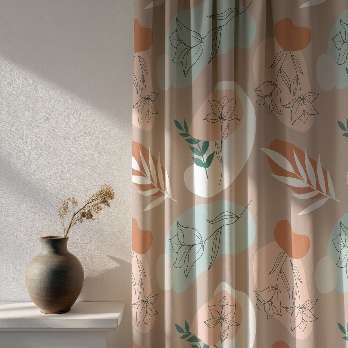 Soft daylight through a blush abstract leaf boho curtain