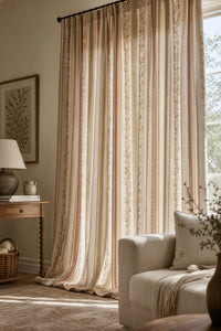 Blush floral trellis stripe curtains in a living room