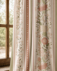 Pair of blush floral trellis stripe curtains at an arched window