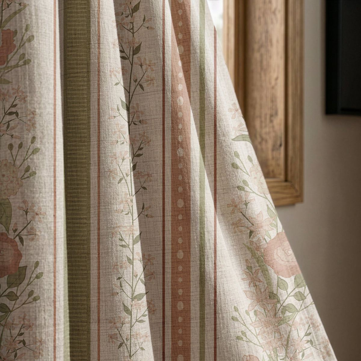 Blush floral trellis stripe curtain panel beside a rustic wooden window