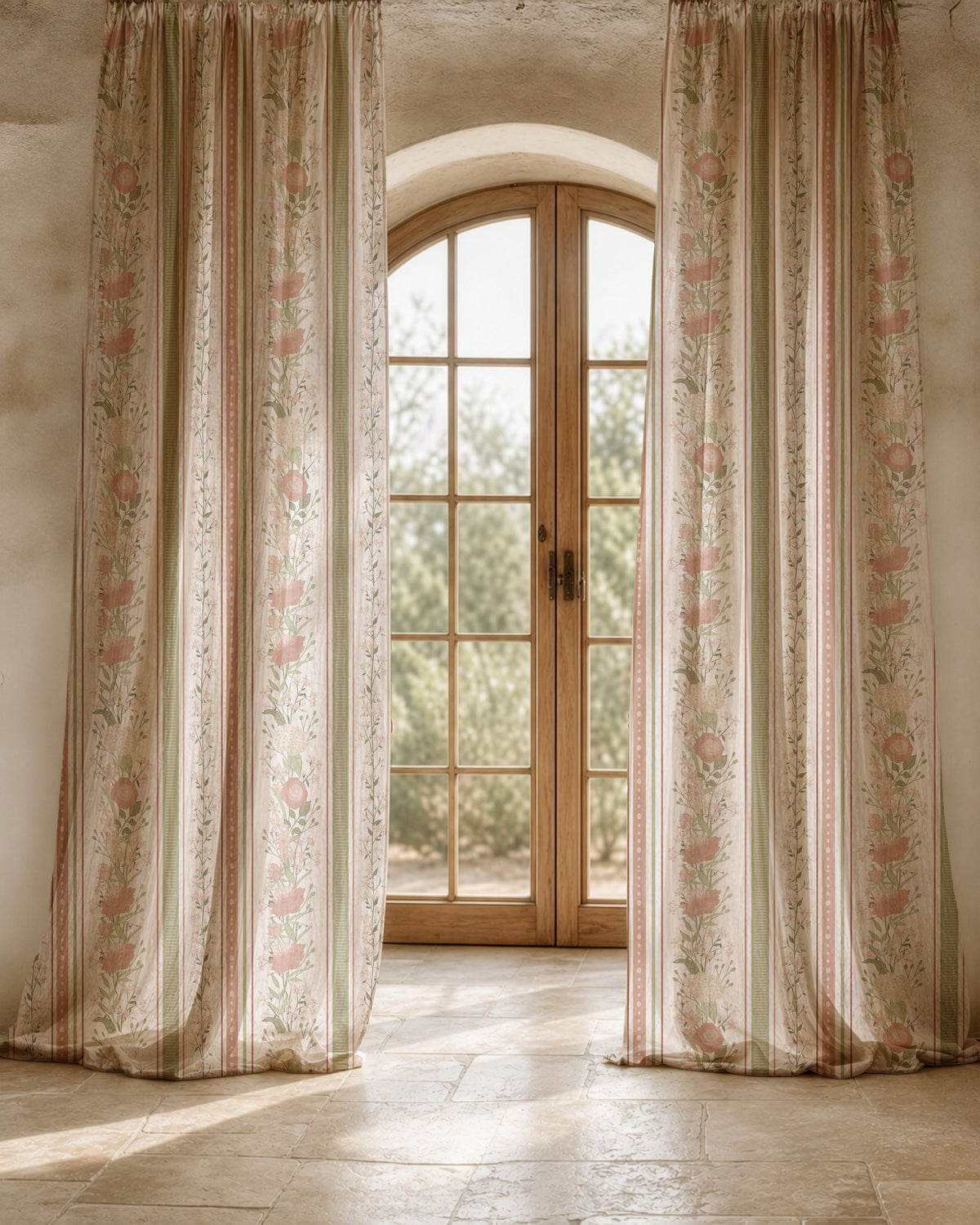 Two long blush floral trellis stripe curtain panels