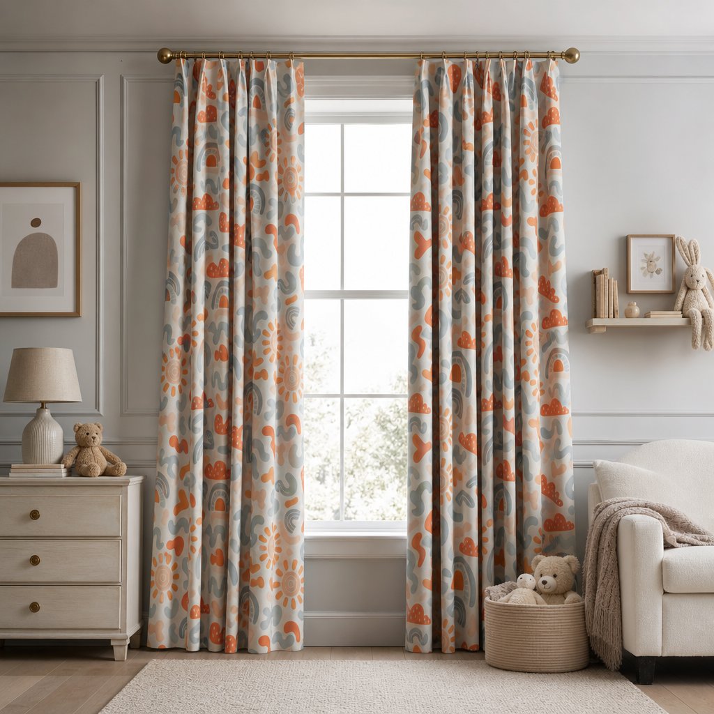 Boho rainbow nursery curtains in a child's bedroom