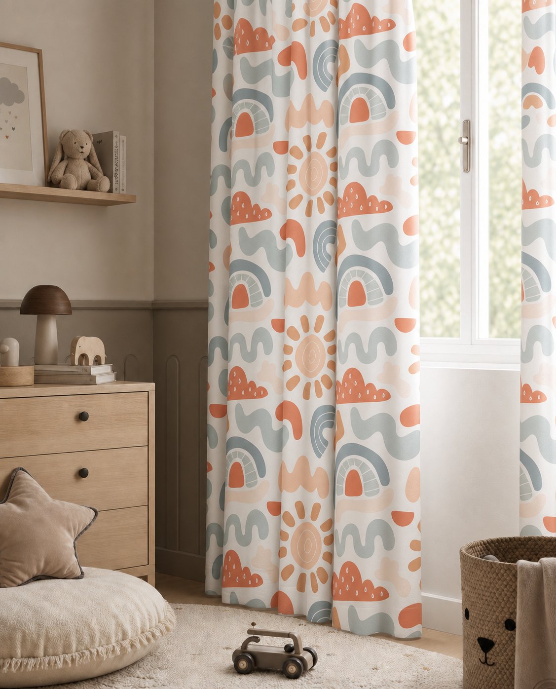 Boho rainbow nursery curtains styled with neutral decor