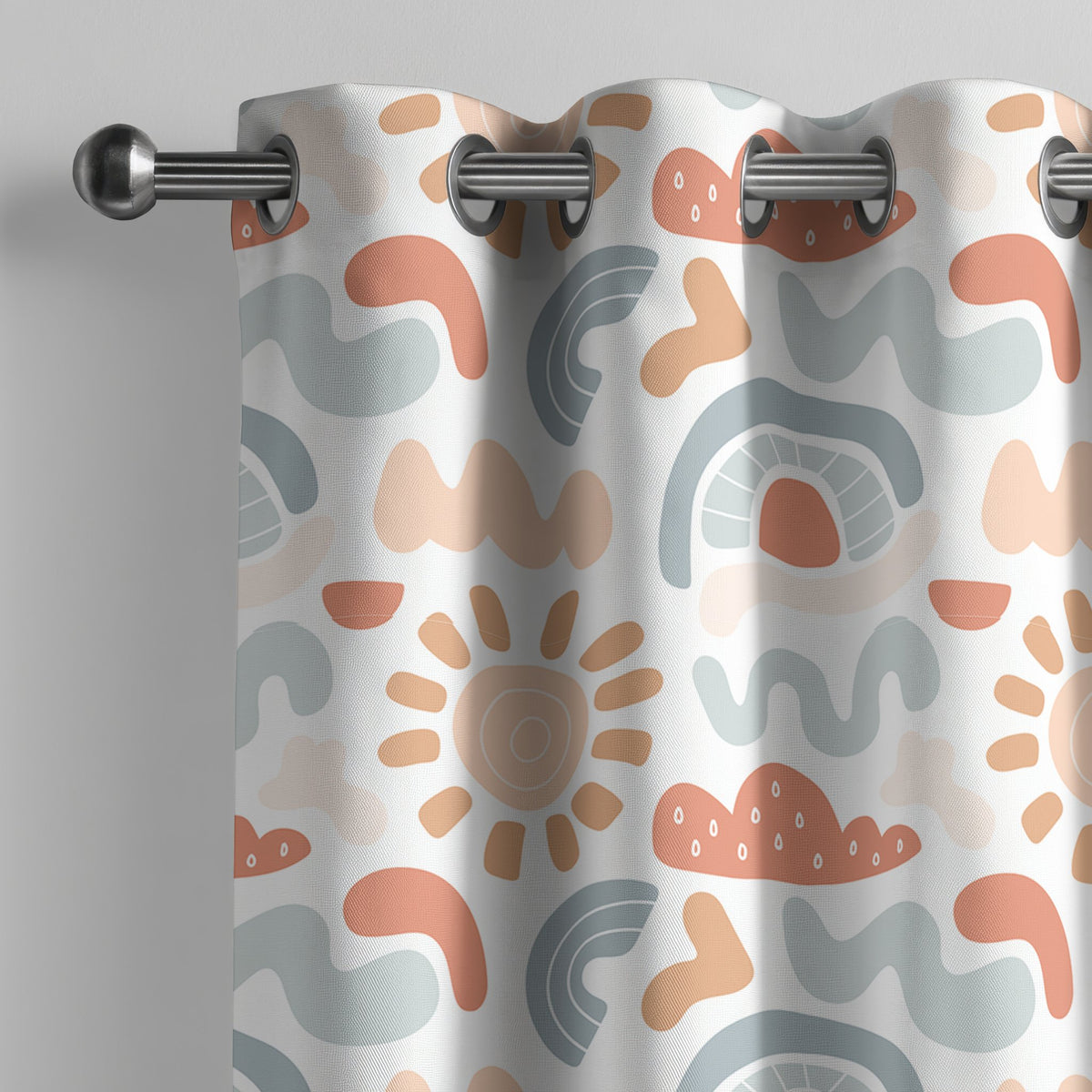 Boho rainbow nursery curtain on a grommet rod, close-up of the print