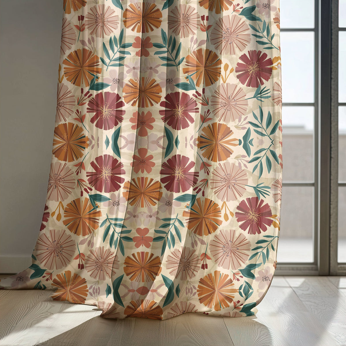 Bold pink and orange floral curtain panels by a sunny window