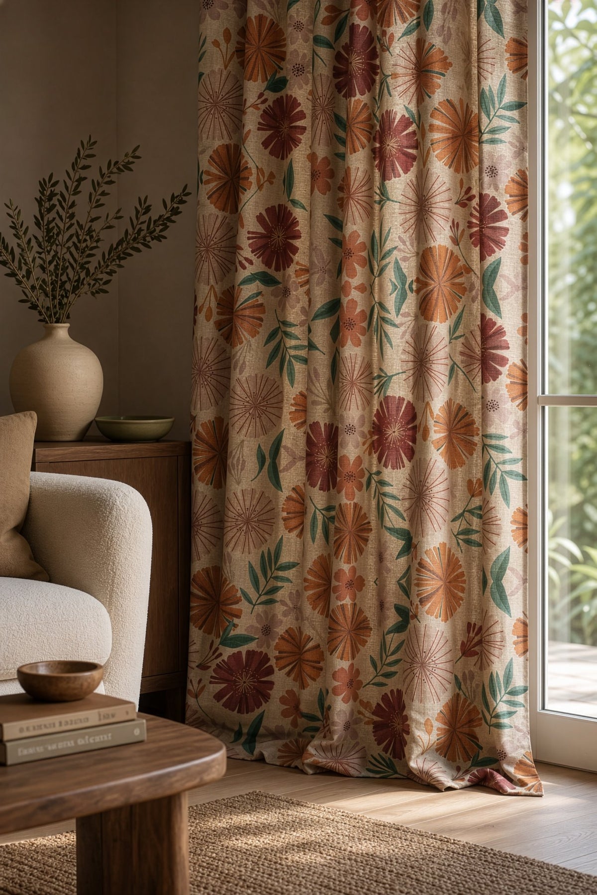 Bold pink and orange floral curtain on a black rod by a window