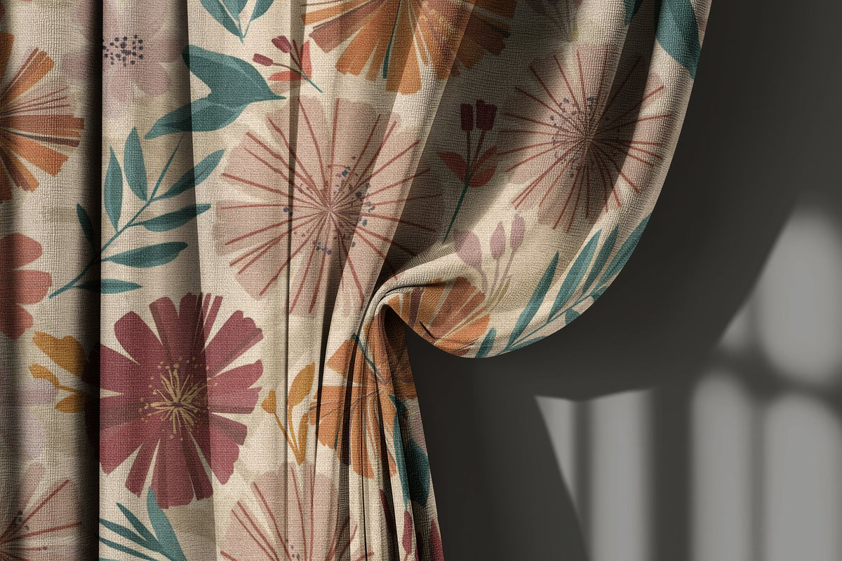 Bold pink and orange floral curtain gathered to one side