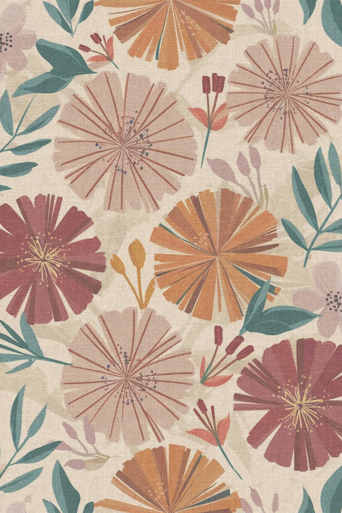 Close-up of the bold pink and orange floral pattern repeat