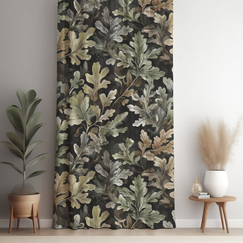 Charcoal oak leaf curtain panel against a white wall