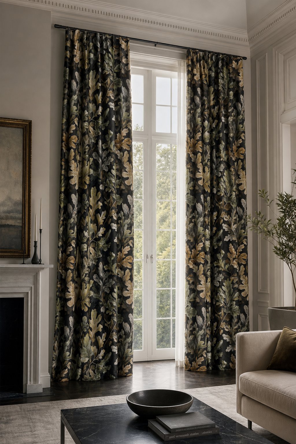 Charcoal oak leaf curtains in a living room